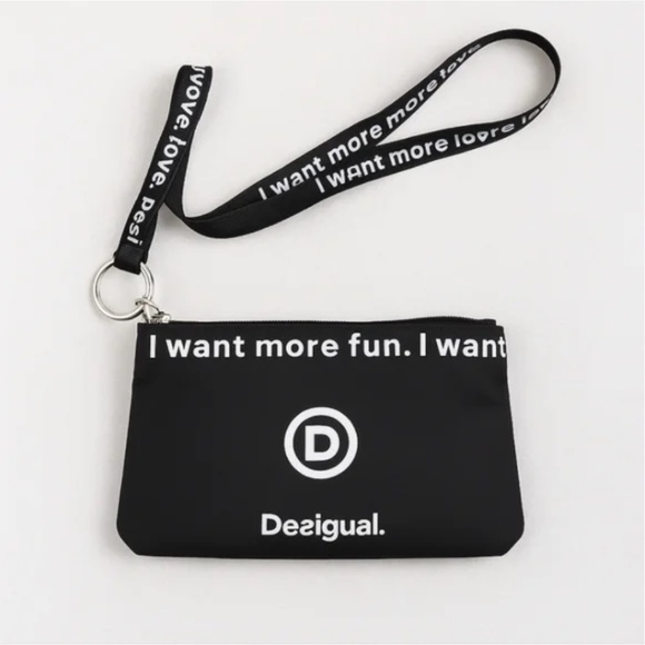 Desigual Black Wristlet Pouch with Logo Strap "I Want More Fun" Zipper Clutch - Picture 1 of 7